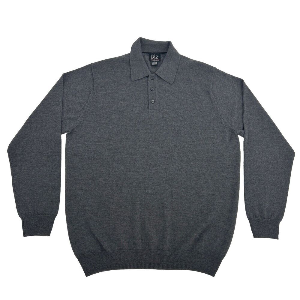 Jos A. Bank Shirt Men's XL Gray Long Sleeve Polo‎ 100% Italian Merino Wool